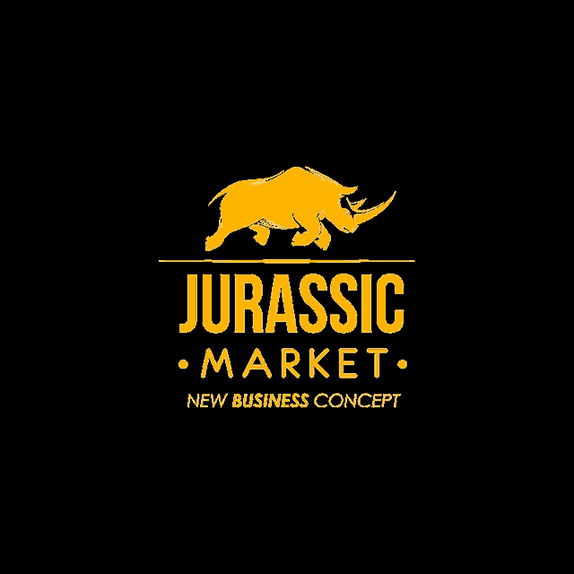 a logo for jurassic market with a yellow rhino on it