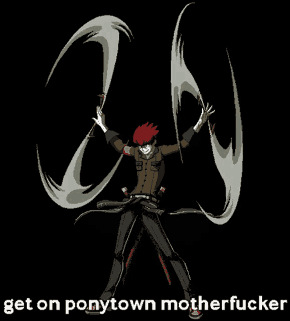 a pixel art of a man with red hair and the words get on ponytown motherfucker below him