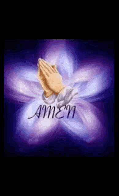 a pair of praying hands surrounded by a purple flower with the word amen on it .
