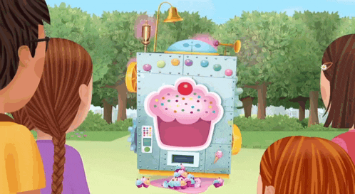 a cartoon drawing of a robotic cupcake machine
