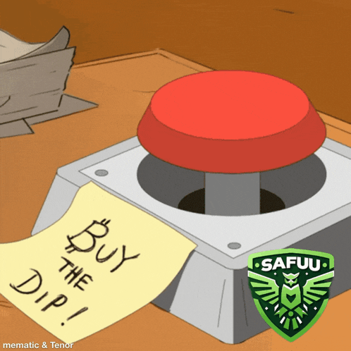 a cartoon drawing of a red button with a note that says buy the dip