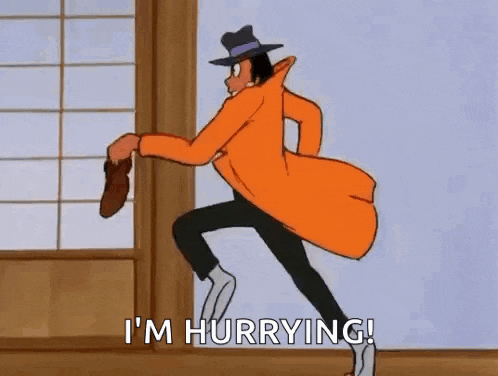 a cartoon character in an orange coat and hat is running in a room .