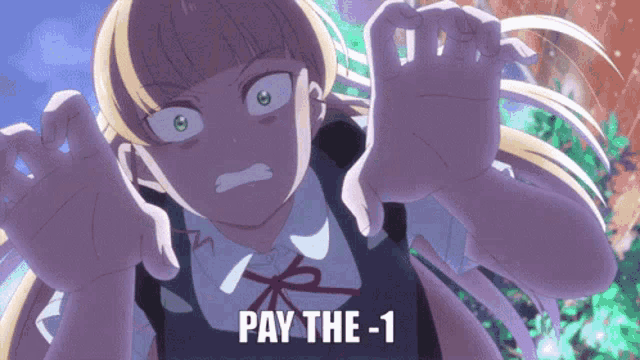 a girl in a school uniform is making a funny face and says pay the -1