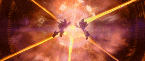 a couple of cartoon characters are flying through a purple and orange lightning storm .