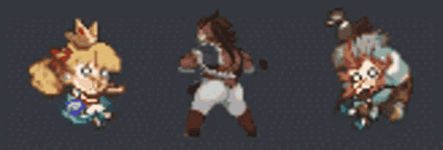 three pixel art characters are standing next to each other on a grey background