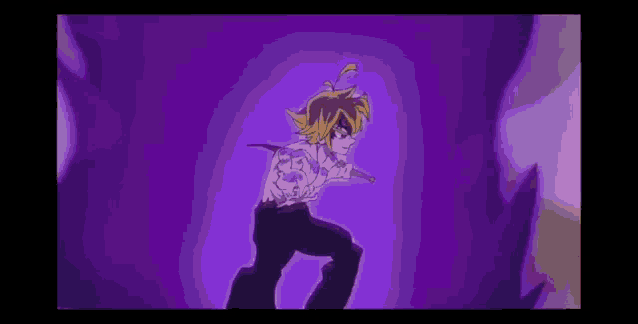 a man is holding a sword in a purple background .