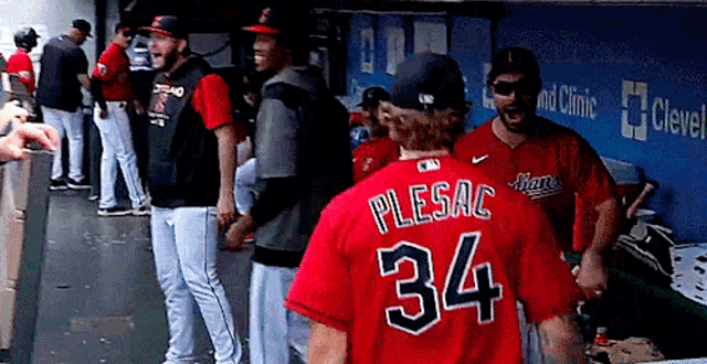 a baseball player wearing a red jersey with the number 34 on the back