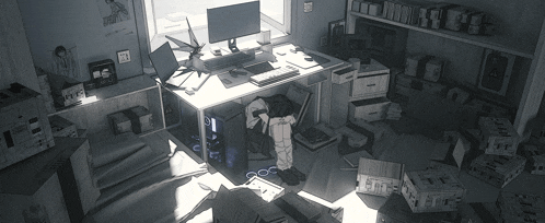 a black and white drawing of a messy room with boxes on the floor and a sign that says ' i love you '