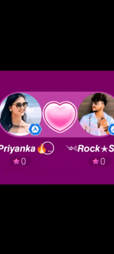 a man and a woman are standing next to each other on a purple background with a heart in the middle .