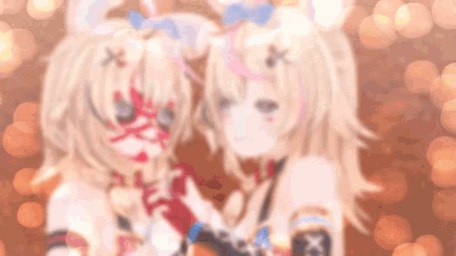 a blurry picture of two anime girls standing next to each other . one of the girls has a mask on her face .