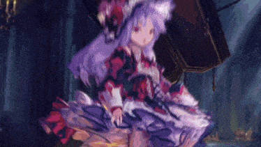 a little girl with purple hair and a red dress is standing in a dark room .