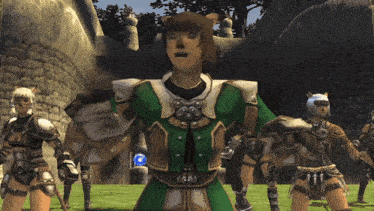 a group of video game characters standing in a grassy field