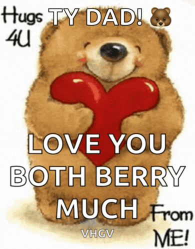 a picture of a teddy bear holding a heart that says " hugs ty dad "
