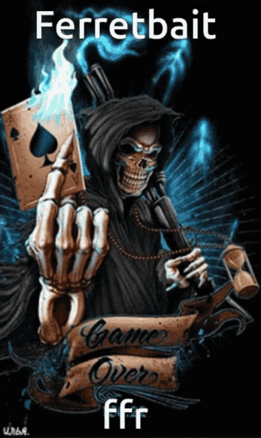 a poster of a grim reaper holding a playing card that says game over