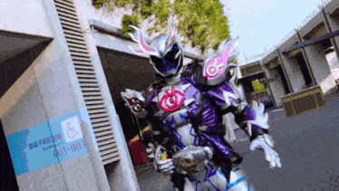 a man in a purple and silver costume is standing in front of a handicapped parking sign