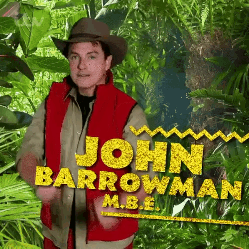 a man in a cowboy hat is standing in a jungle with the name john barrowman