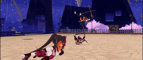 a video game character is fighting another character with a sword in a video game .