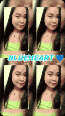 a collage of four pictures of a woman with the words blueheart on the bottom right