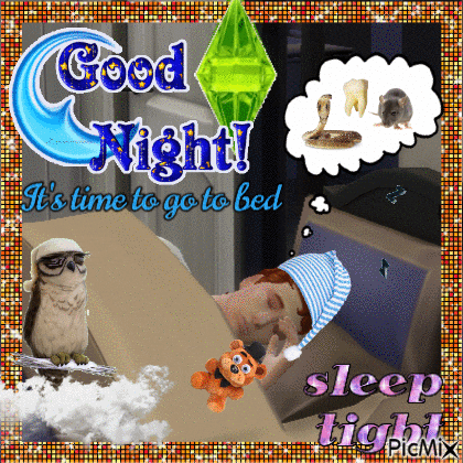 a good night greeting card with an owl a teddy bear and a man in a bed