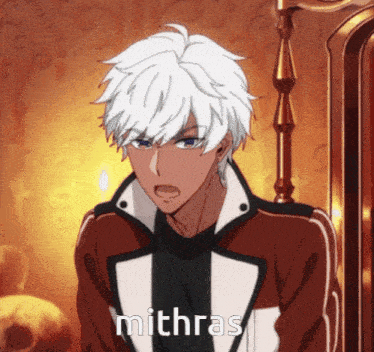 a man with white hair and a red jacket says mithras in a cartoon