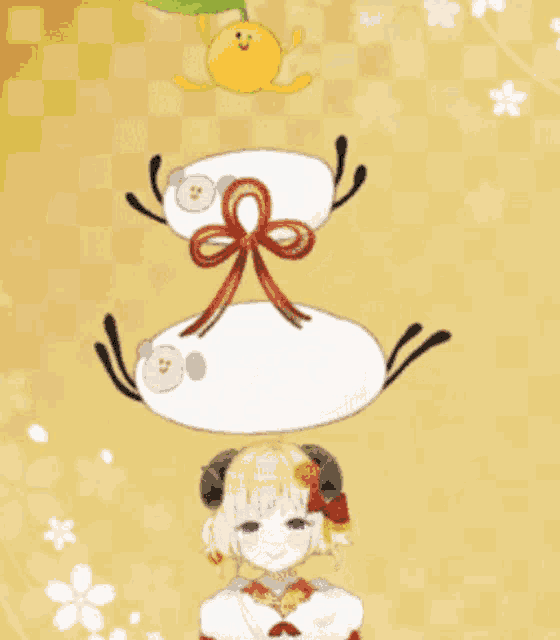 a cartoon drawing of a girl with horns and a stack of eggs on her head
