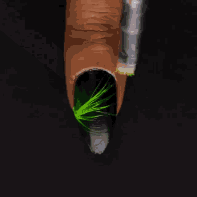 a close up of a person 's nail with a green feather design