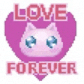 a pixel art sticker of a cat with blue eyes and the words `` love forever '' .