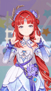 a girl with red hair and purple flowers in her hair is giving a thumbs up