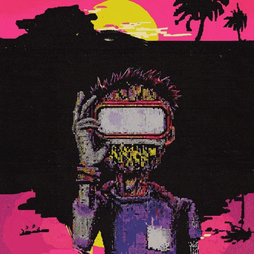 a colorful drawing of a person wearing a virtual reality headset
