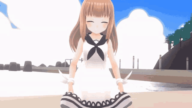 a girl in a white dress with a black sailor tie