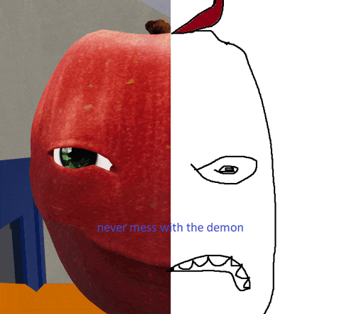 a picture of an apple next to a drawing of an apple with the words never mess with the demon below it