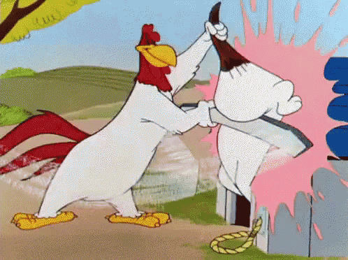 a cartoon of a rooster and a rabbit fighting each other