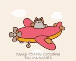 a cartoon cat is flying in a red airplane with the words thank you for choosing talitha flights below it .