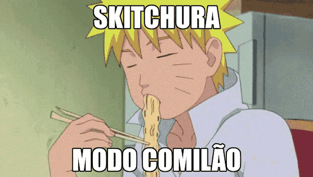 a cartoon of a man eating noodles with the words skitchura modo comilao below him