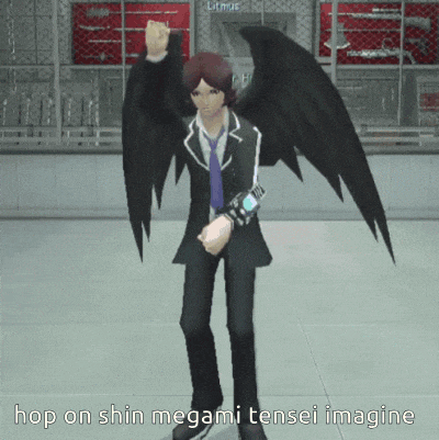 a video game character with black wings and the words hop on shin megami tensei imagine below him
