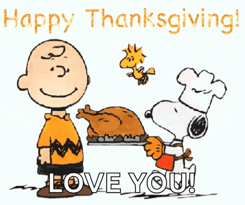 a cartoon of charlie brown and snoopy with the words happy thanksgiving love you