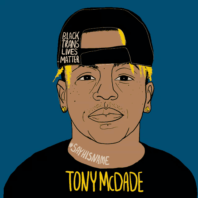 a drawing of a man wearing a black hat that says black trans lives matter
