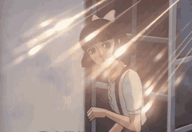 a girl standing in front of a window with the sun shining through the window