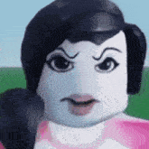 a close up of a cartoon character 's face with a microphone in her hand .
