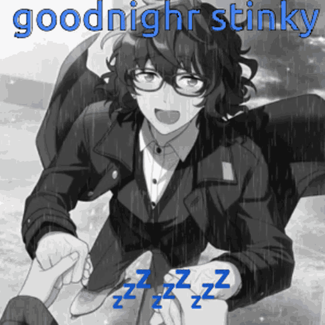 a black and white photo of a man holding another man 's hand with the words goodnight stinky above him