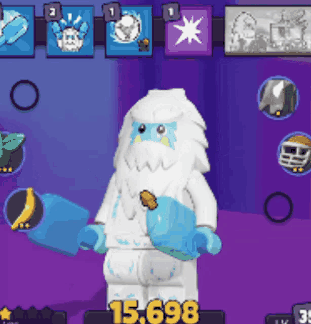 a yeti in a video game with 15,698 on the bottom of the screen