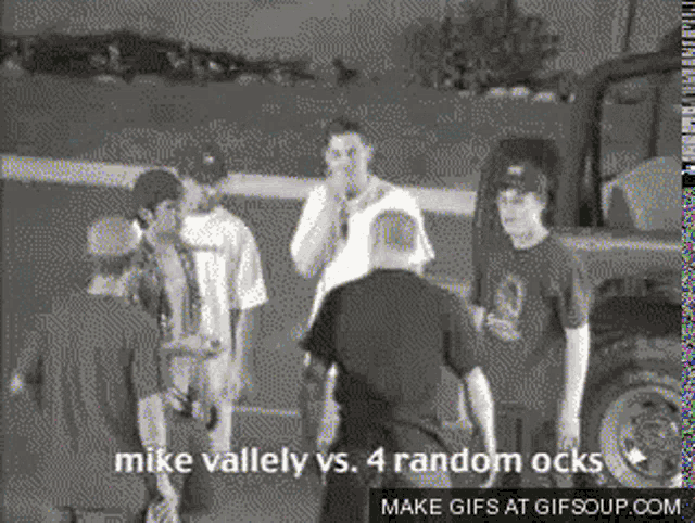 a black and white photo with the words mike vallely vs 4 random ocks