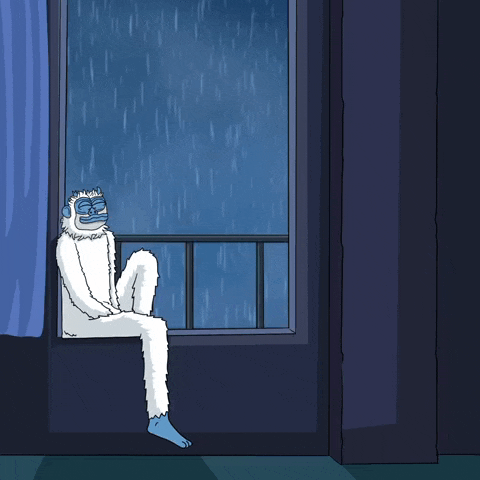 a cartoon of a yeti sitting on a window sill looking out at the rain