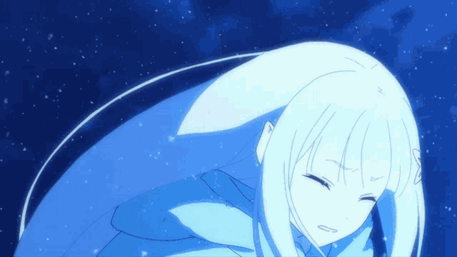 a drawing of a girl with long white hair and a blue background
