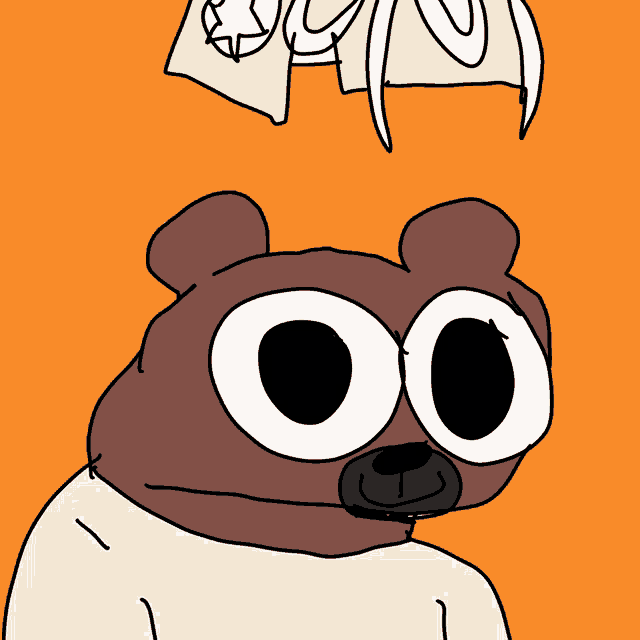 a cartoon drawing of a brown bear with a white shirt on