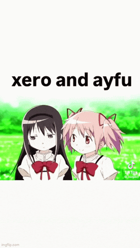 two anime girls are hugging each other in a field with the words xero and ayfu written on the bottom .