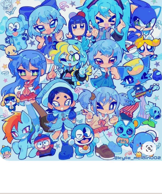 a drawing of a bunch of blue characters with the name kylie_mclain on the bottom right