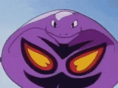 a close up of a purple cartoon character with yellow eyes and a smiling face .