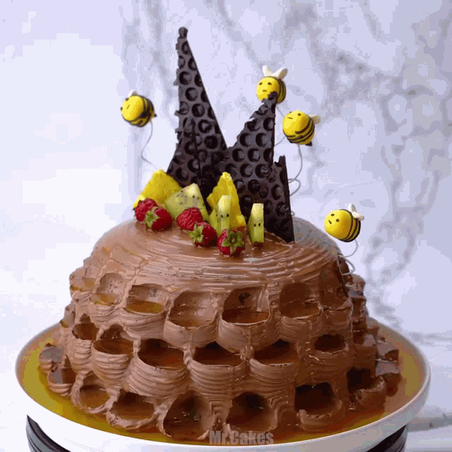 a chocolate cake with strawberries and kiwi slices on top of it