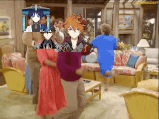 a group of anime characters dancing in a living room